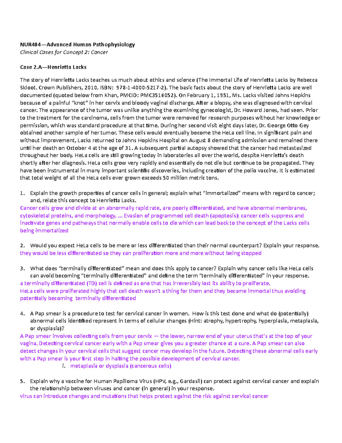2 Cases Cancer - Lecture notes Concept 2 - NUR404—Advanced Human ...