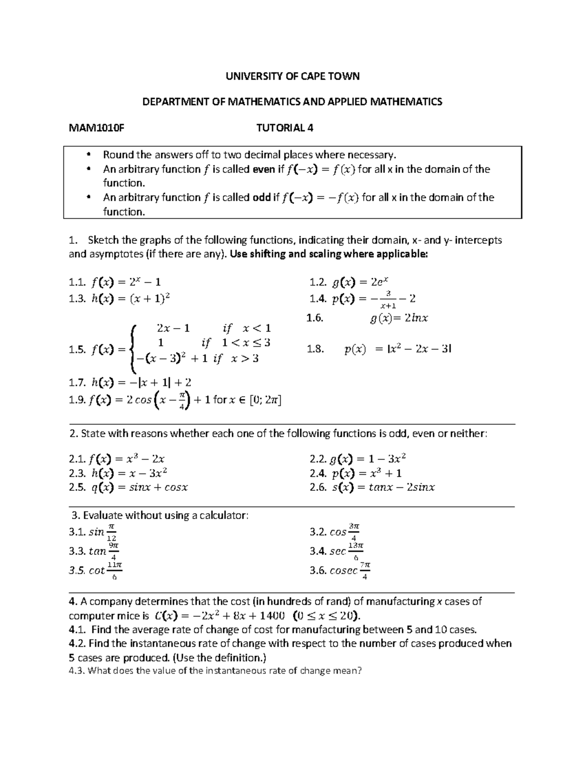 Tutorial 4 - UNIVERSITY OF CAPE TOWN DEPARTMENT OF MATHEMATICS AND ...