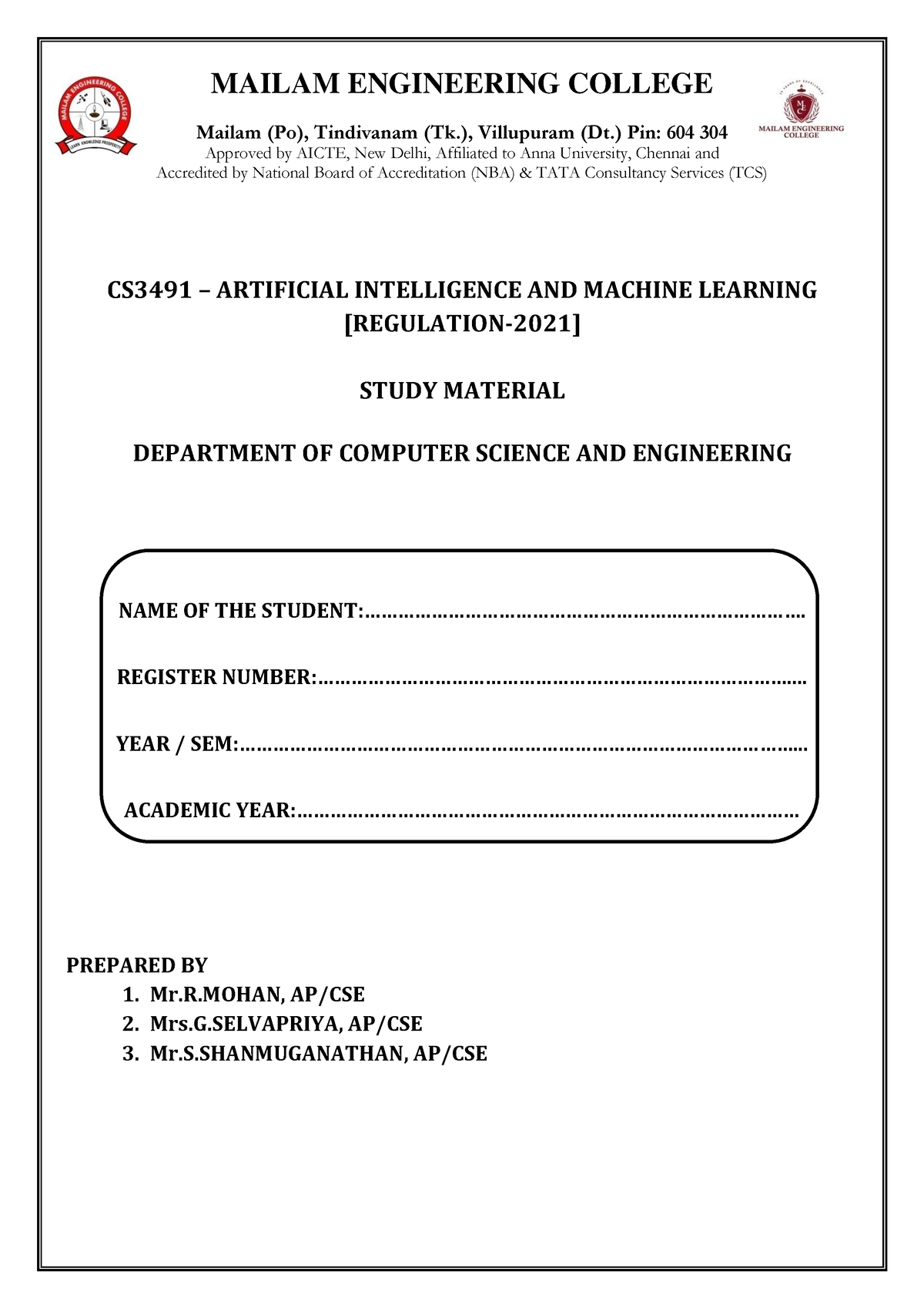 AIML - AIML All 5 Units Notes - MAILAM ENGINEERING COLLEGE Mailam (Po ...