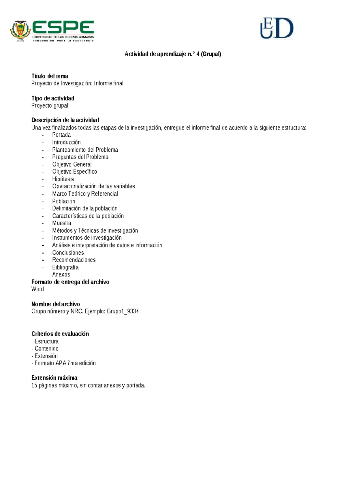 Actividad de aprendizaje n4 - ° 4 (Grupal) Título del tema Proyecto de ...