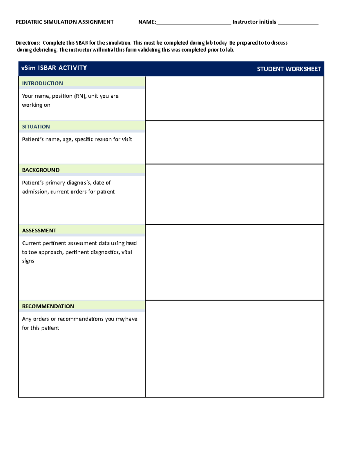 Simulation Student Worksheet SCD - PEDIATRIC SIMULATION ASSIGNMENT NAME