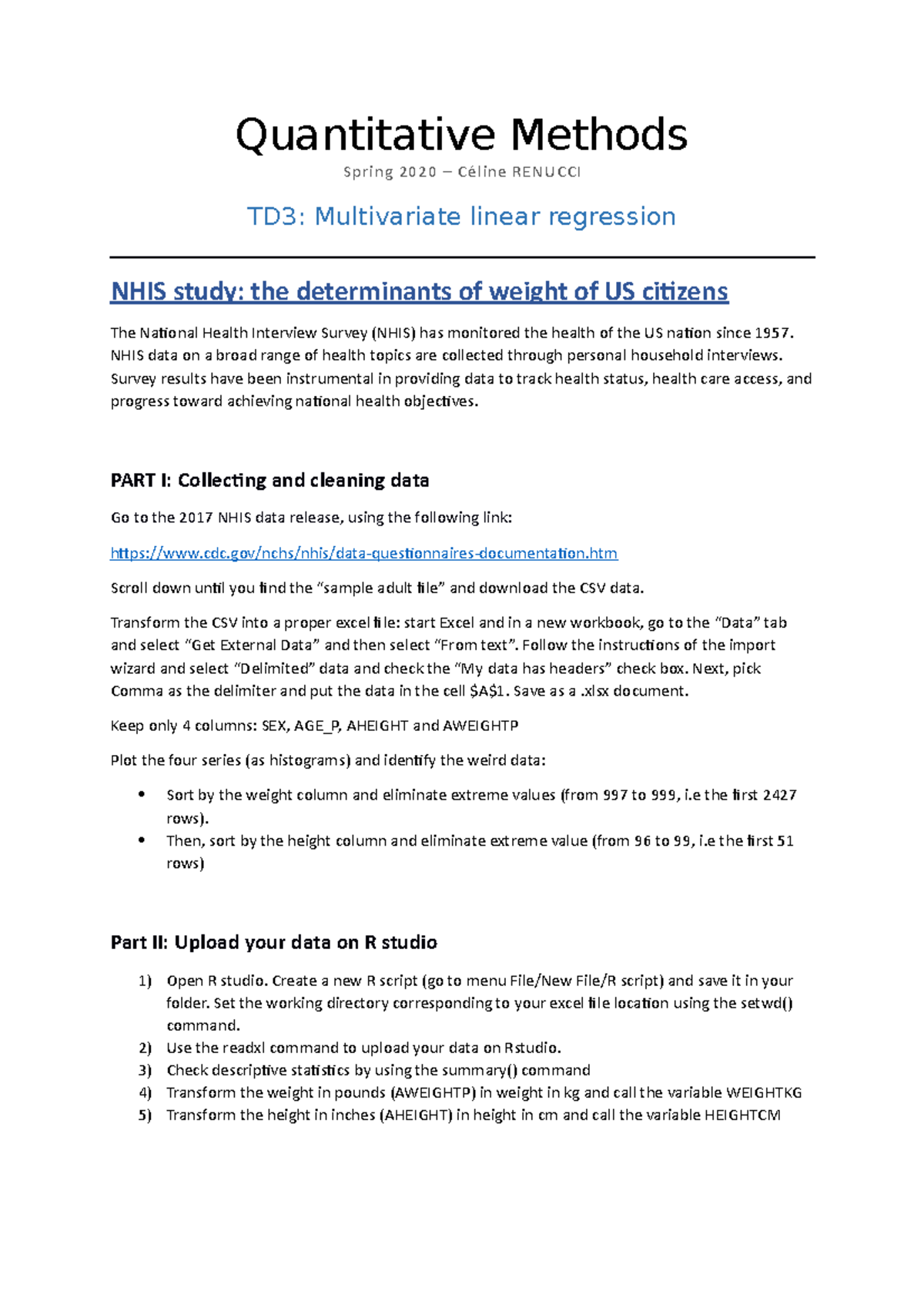 Tutorial 3 - Quantitative Methods Spring 2020 – Céline RENUCCI TD3 ...
