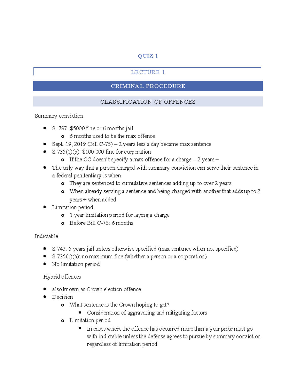 Lectures One To Three - QUIZ 1 LECTURE 1 CRIMINAL PROCEDURE ...