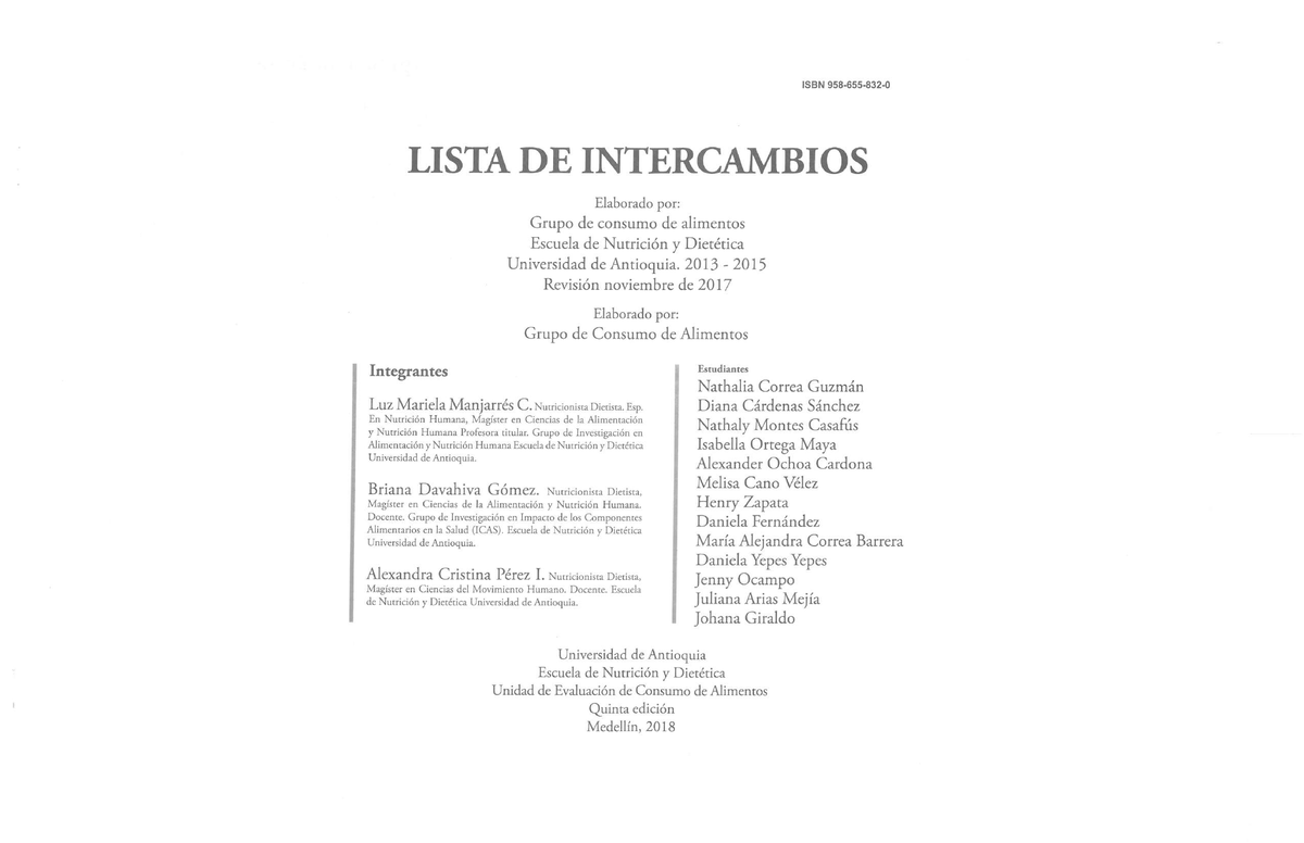 Lista de intercambio - de alimentos - Educacion Nutricional - Studocu
