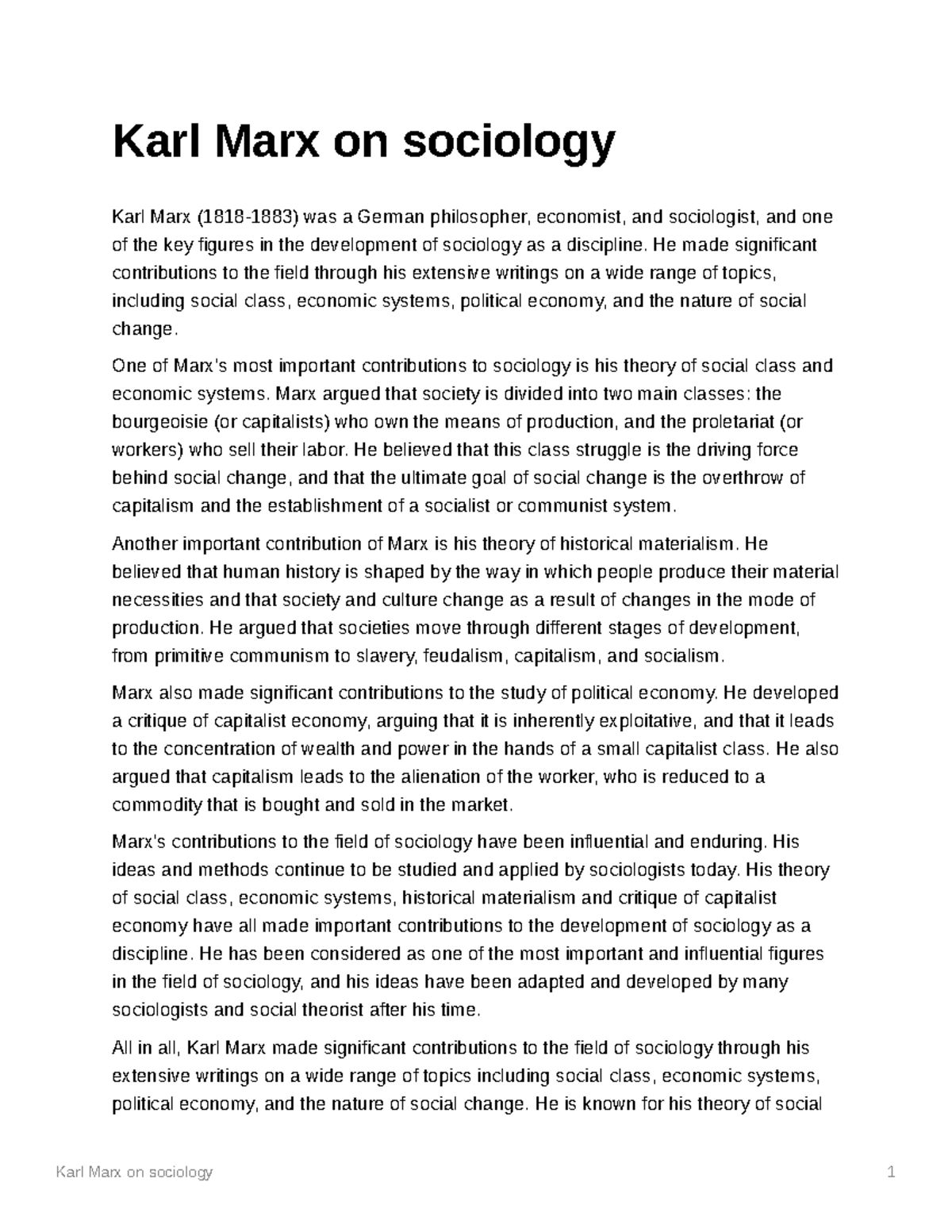 karl marx sociology essay