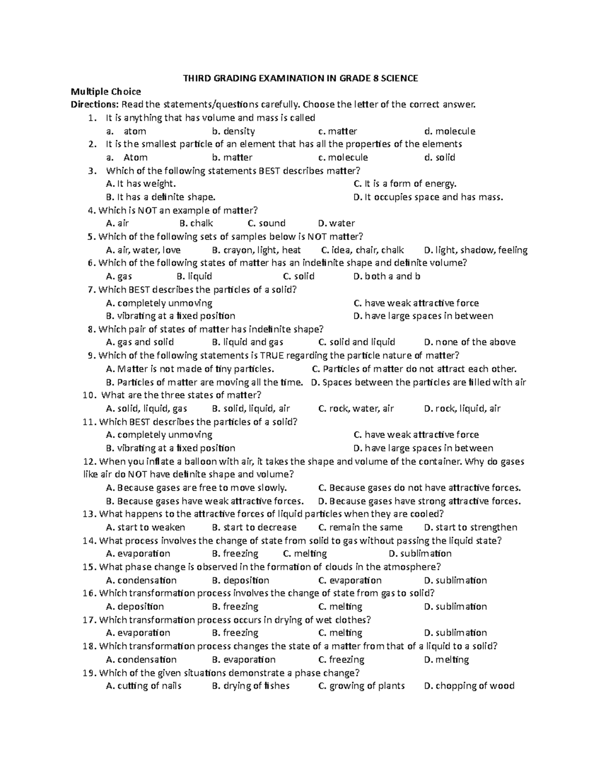 Science 8 Periodic Exam - THIRD GRADING EXAMINATION IN GRADE 8 SCIENCE ...