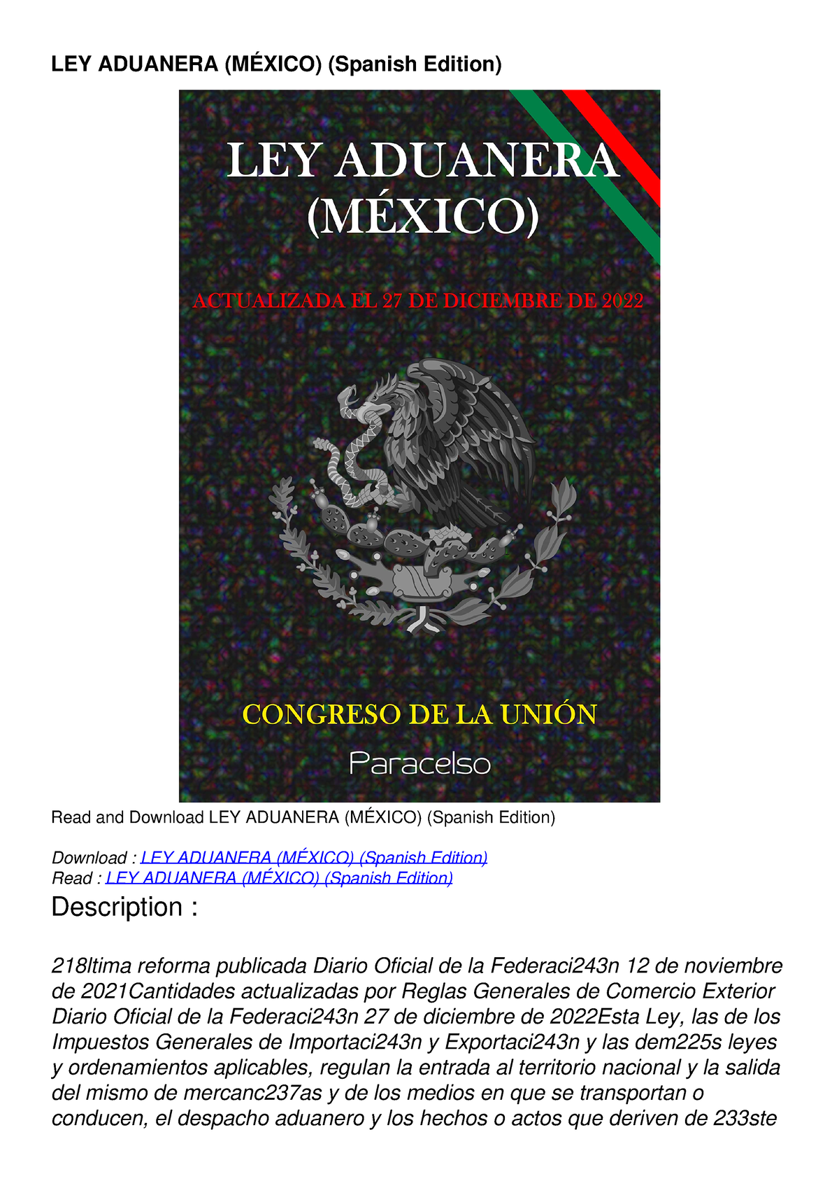 PDF/READ/DOWNLOAD LEY ADUANERA (MÉXICO) (Spanish Edition) LEY