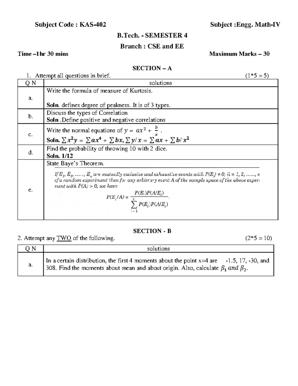 KAS402 - Exam paper - Subject Code : KAS- 402 Subject :Engg. Math-IV B ...