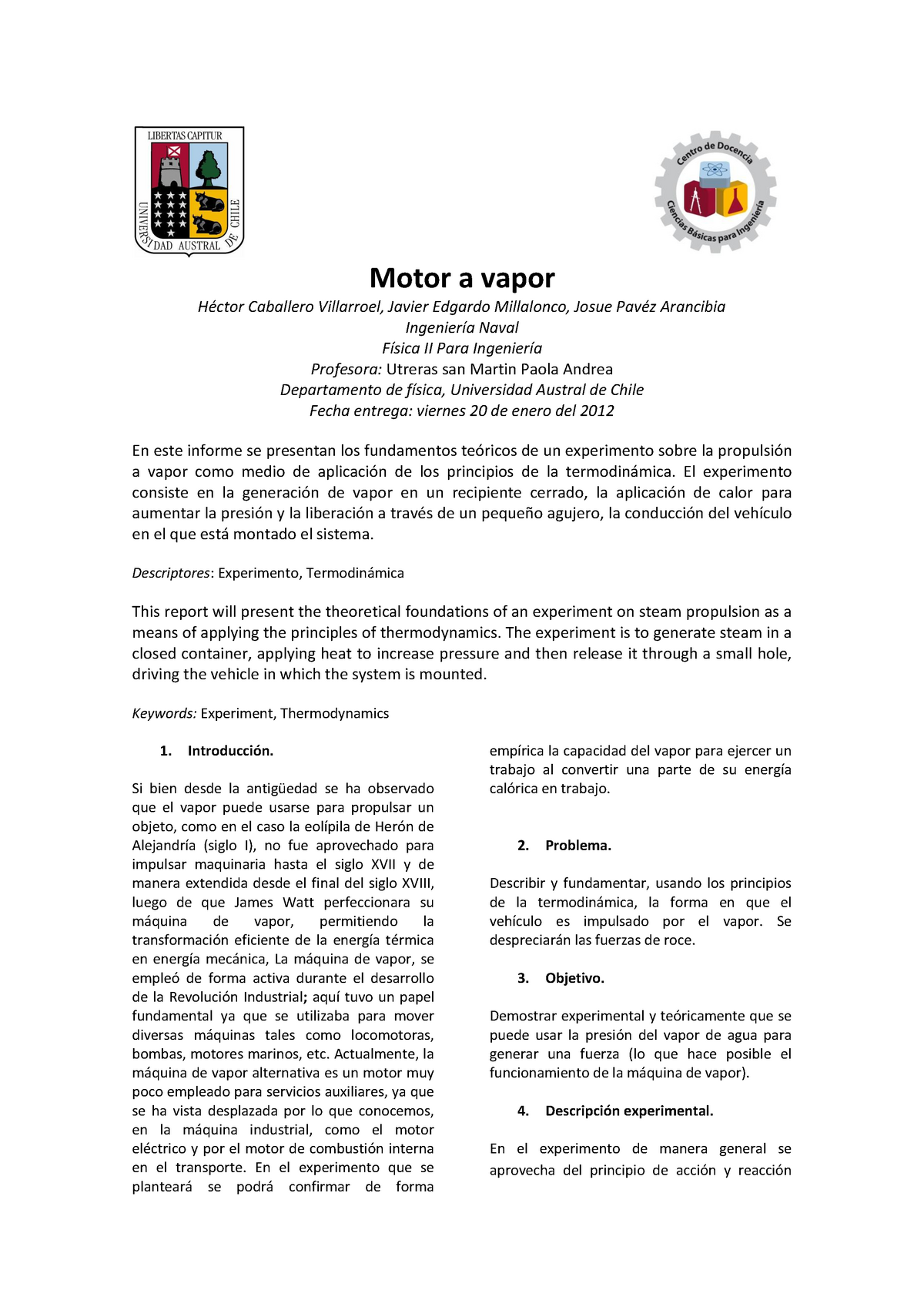 391709603 Informe II Motor a Vapor pdf - Motor a vapor Héctor Villarroel, Javier - Studocu