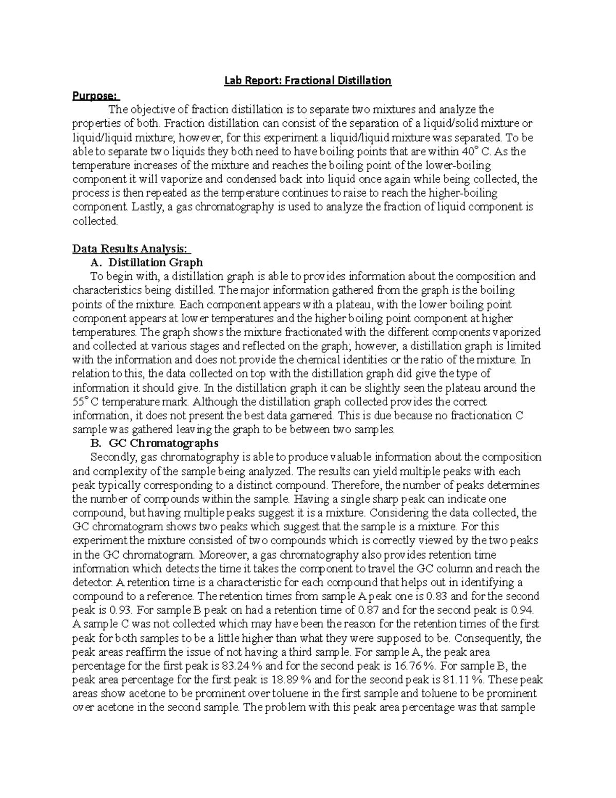 Lab Report FD Lab Report Fractional Distillation Purpose The