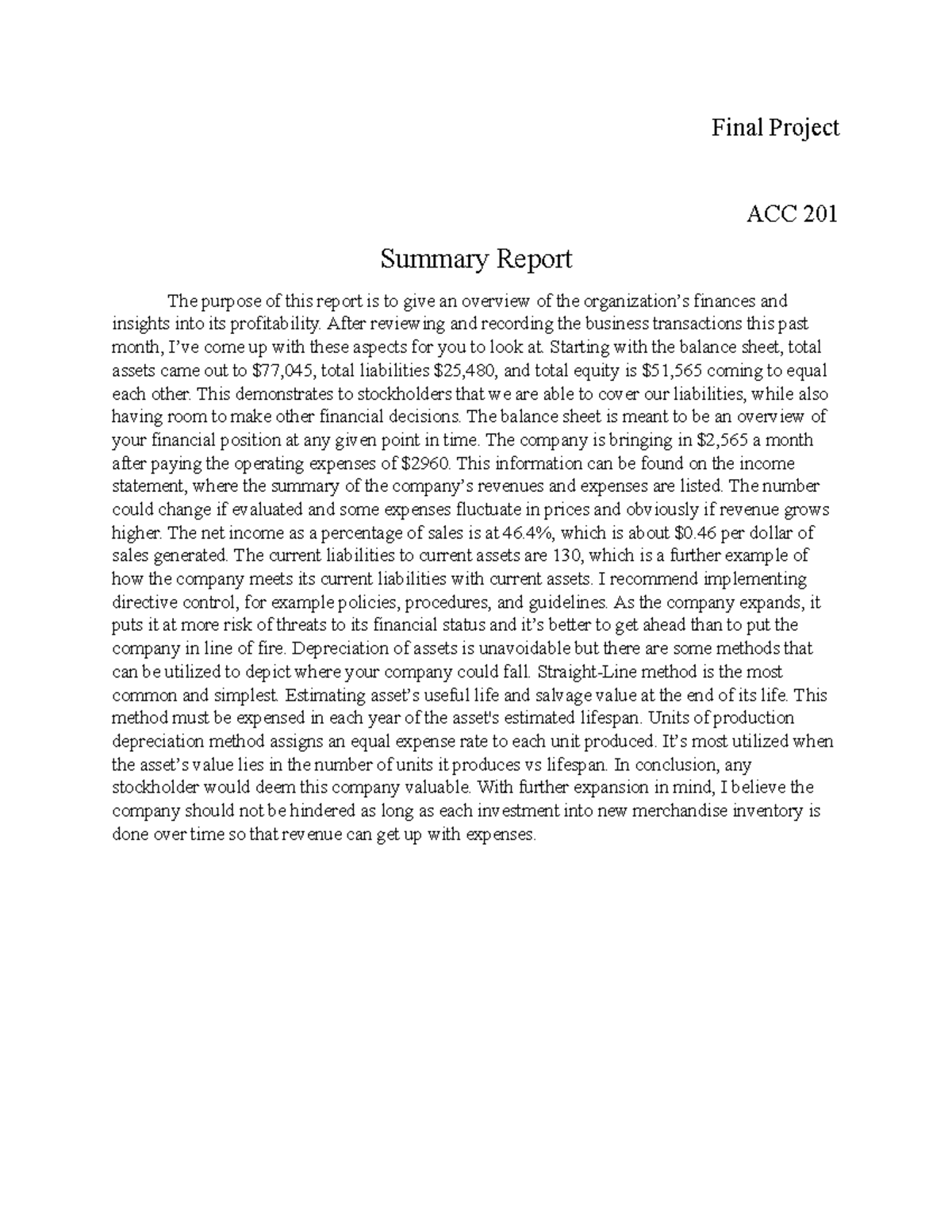 Final Project Summary ACC 201 - Final Project ACC 201 Summary Report ...