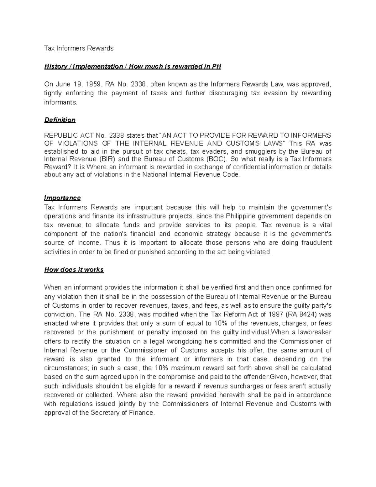 Taxation Reporting Tax Informers Rewards History