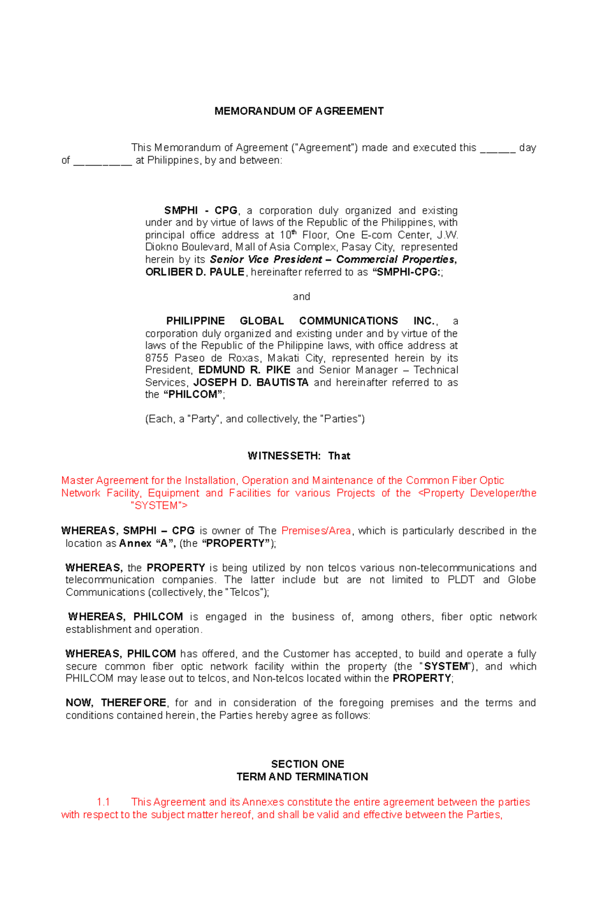 Draft Mother Memorandum of Agreement Philcom - MEMORANDUM OF AGREEMENT ...