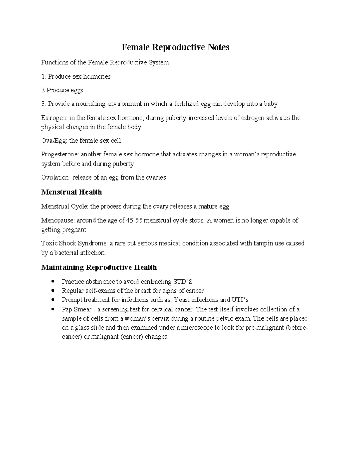 Female Reproductive Notes - Female Reproductive Notes Functions of the ...
