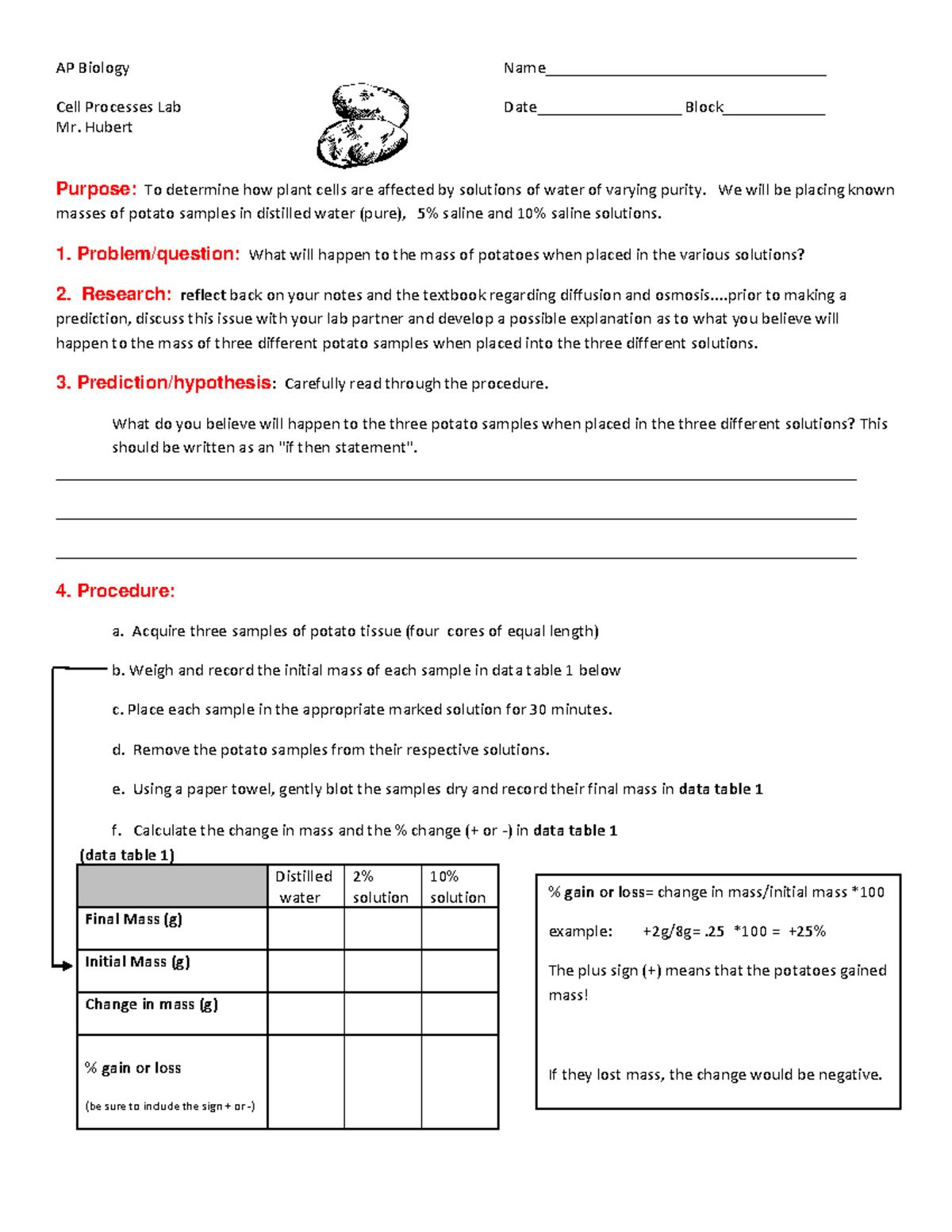 Potato lab with bar graph AP Biology Name