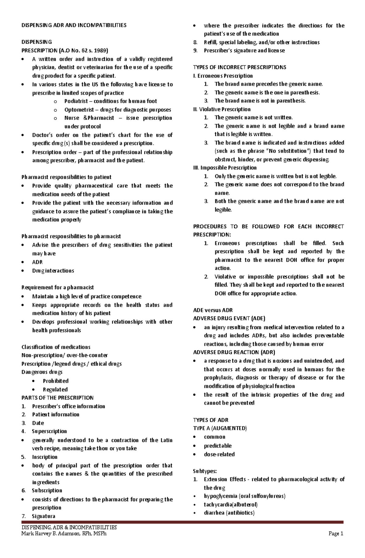 ADR - adr - DISPENSING, ADR & INCOMPATIBILITIES DISPENSING ADR AND ...