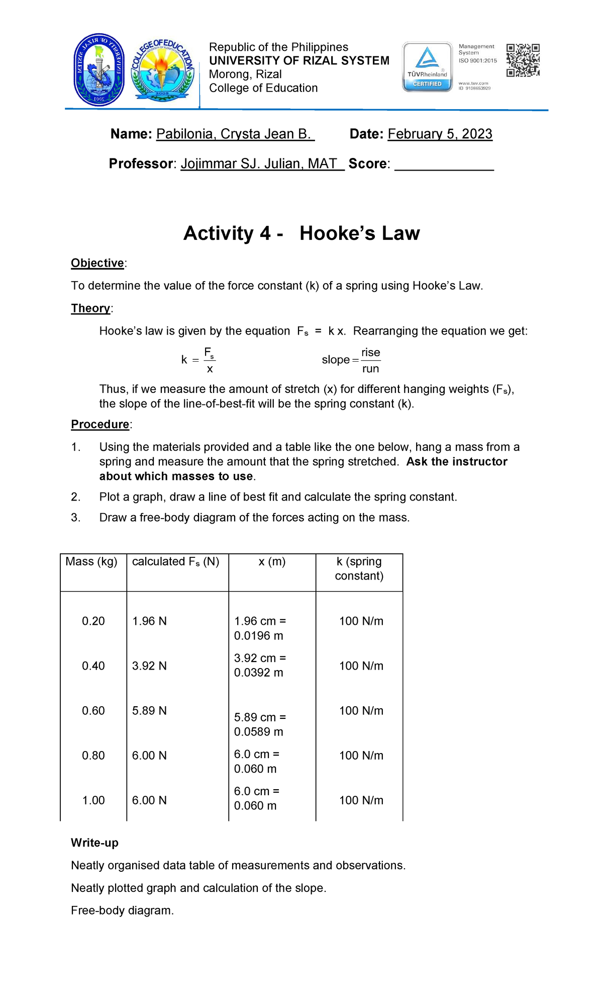 Hooke's Law Practice Problems with Answers Name Pabilonia, Crysta