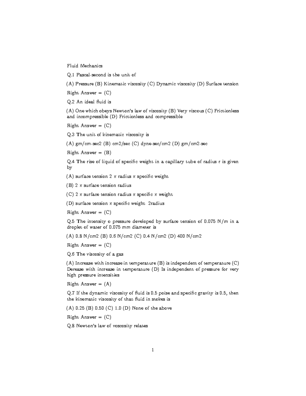 Hydraulics Multiple choice questions - Fluid Mechanics Q Pascal-second ...