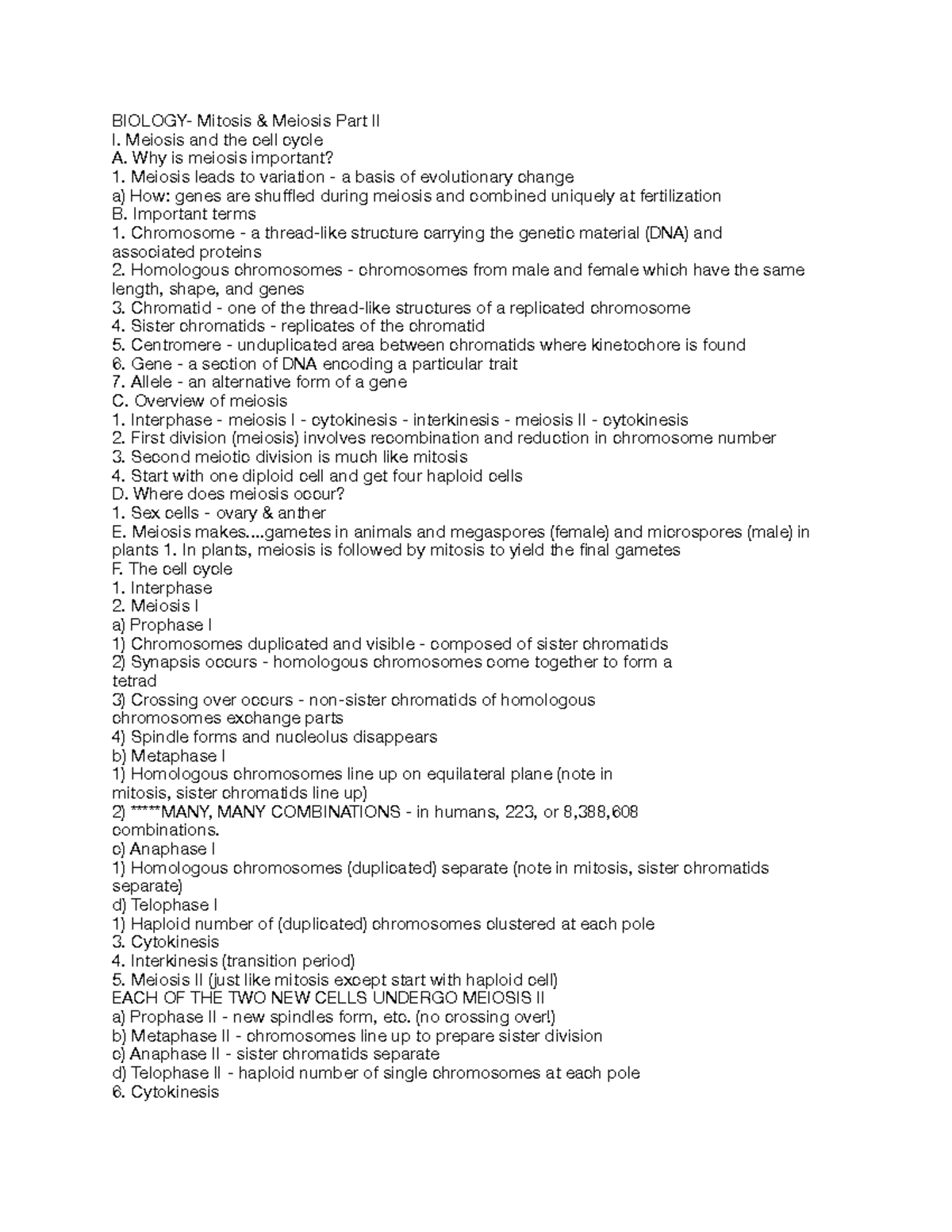 Bio 14 - Notes - BIOLOGY- Mitosis & Meiosis Part II I. Meiosis and the ...