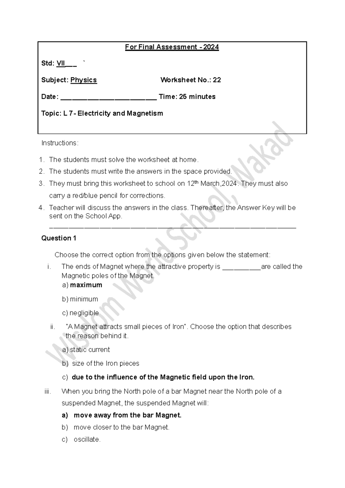 905 oln8t0bs2f Std7Physics Worksheet - For Final Assessment - 2024 Std ...