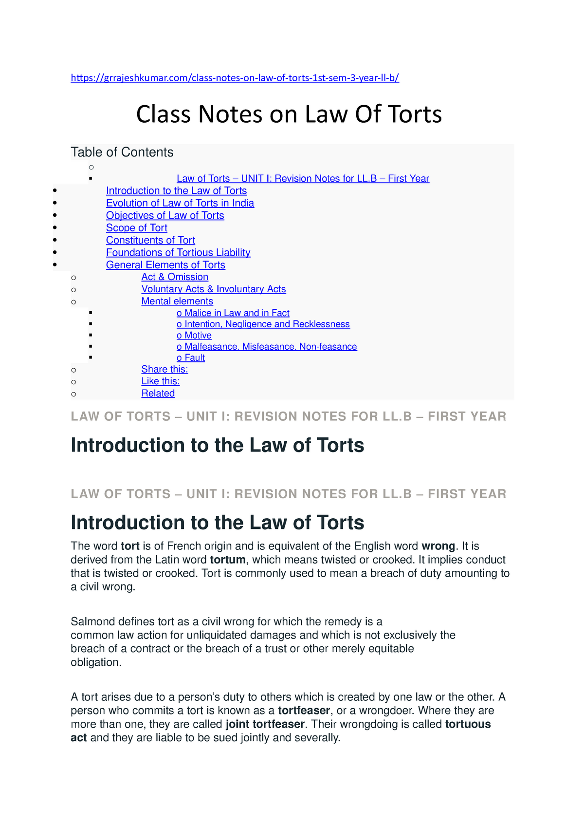 LAW OF Torts - Grrajeshkumar/class-notes-on-law-of-torts-1st-sem-3-year ...