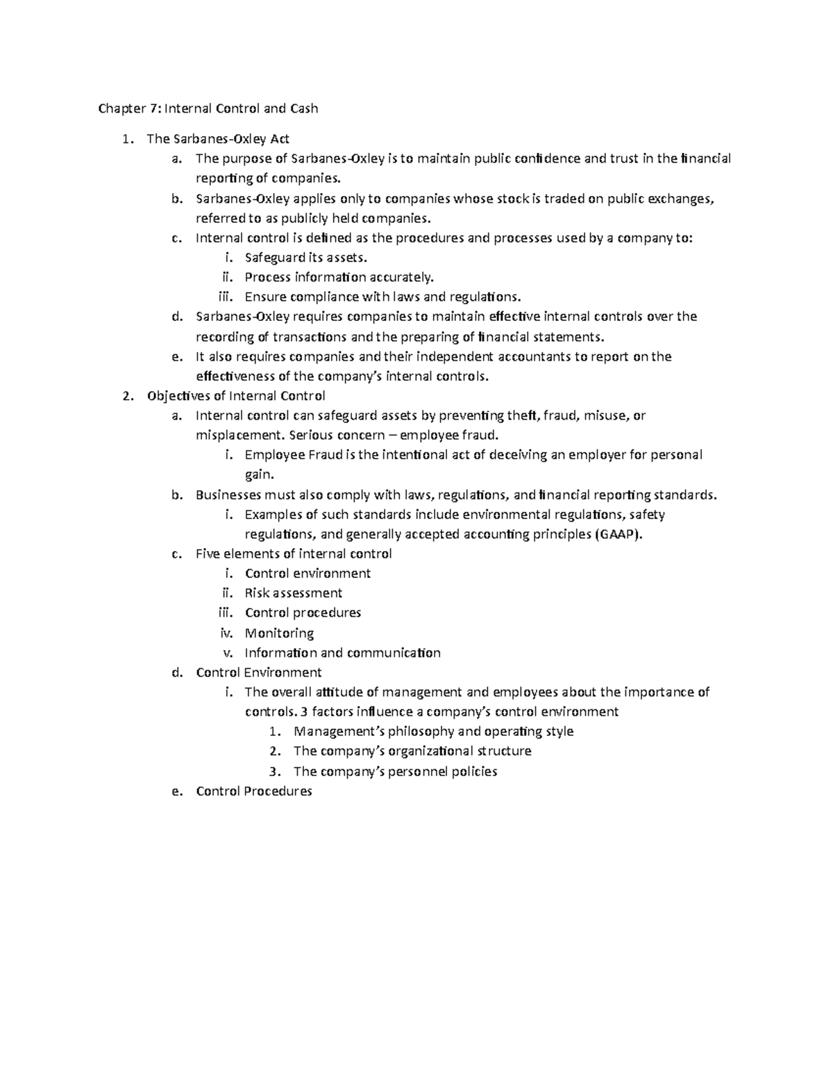 Qso chapter 7 notes - Chapter 7: Internal Control and Cash The Sarbanes ...