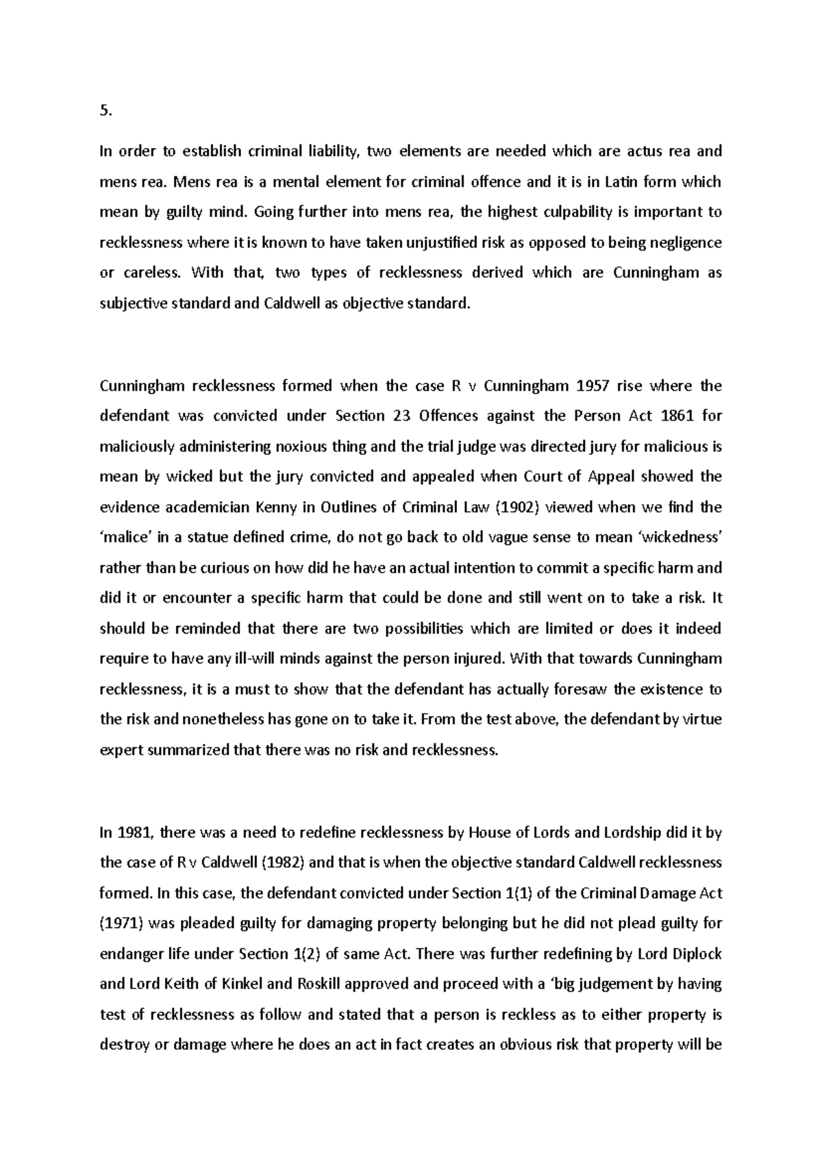 Recklessness 5 In Order To Establish Criminal Liability Two