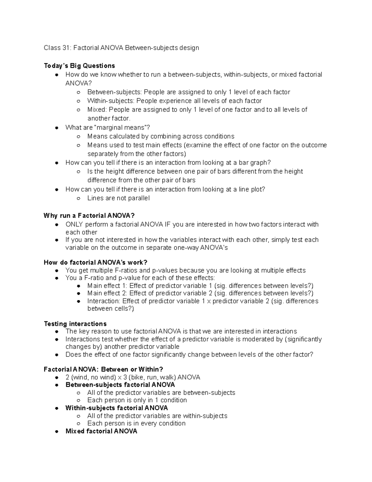 Class 31 Factorial Anova Betweensubjects design Class 31 Factorial