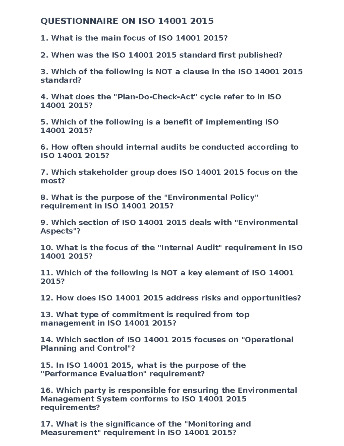 Questionnaire ON ISO 14001 2015 - QUESTIONNAIRE ON ISO 14001 2015 1 ...
