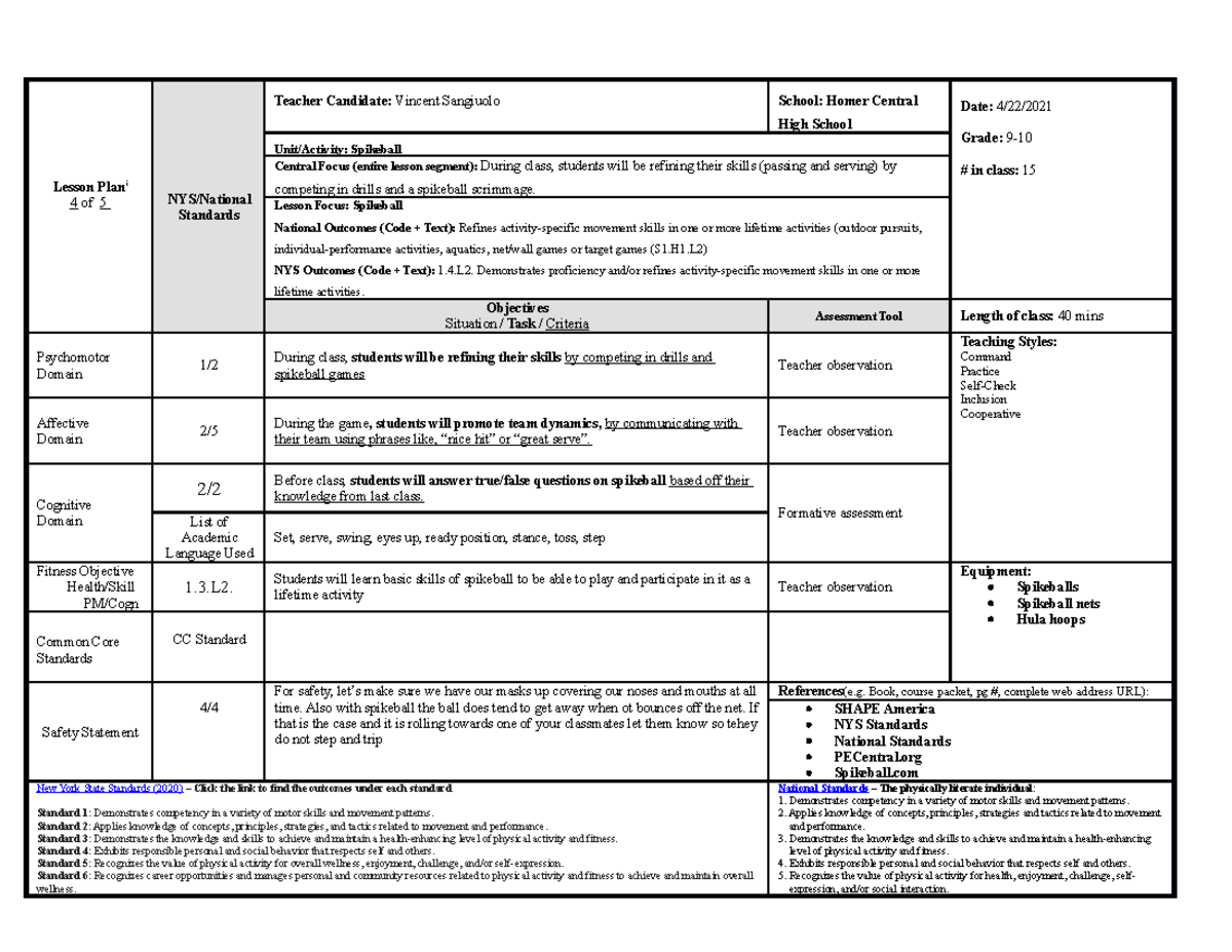 Student teaching week 9 spikeball lesson plan - Lesson Plani 4 of 5 NYS ...