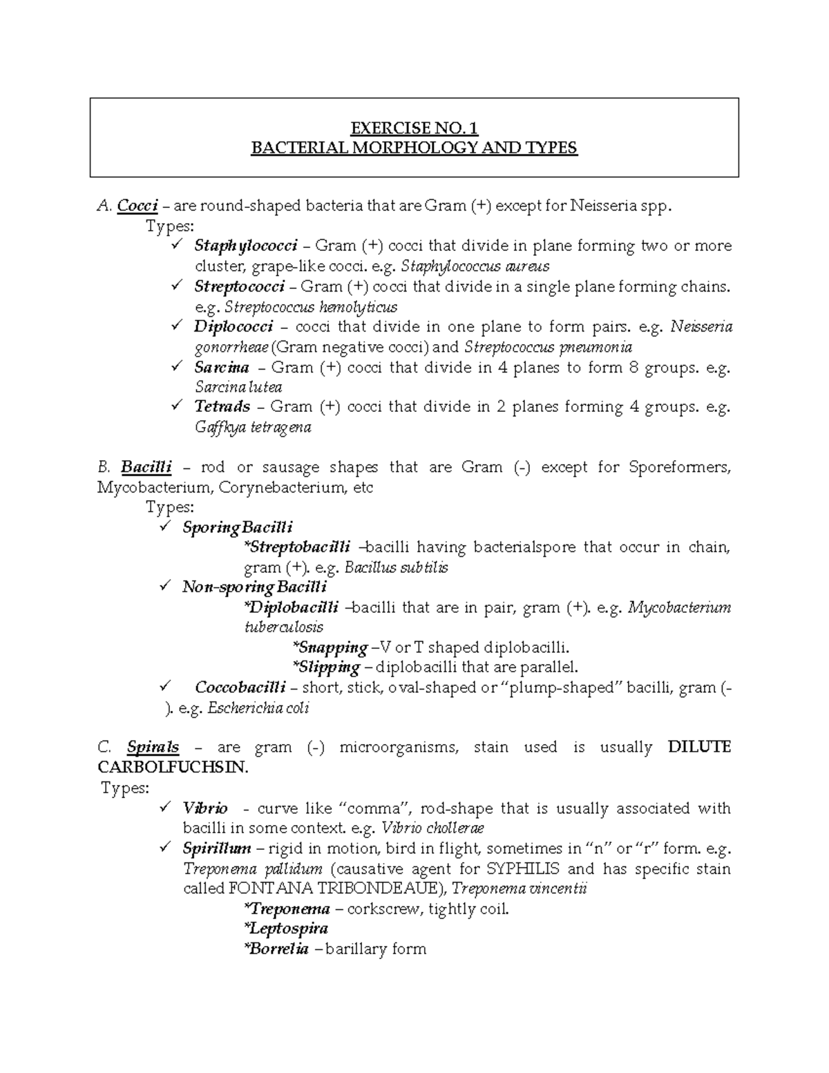 Bacterial Morphology & Types - EXERCISE NO. 1 BACTERIAL MORPHOLOGY AND ...
