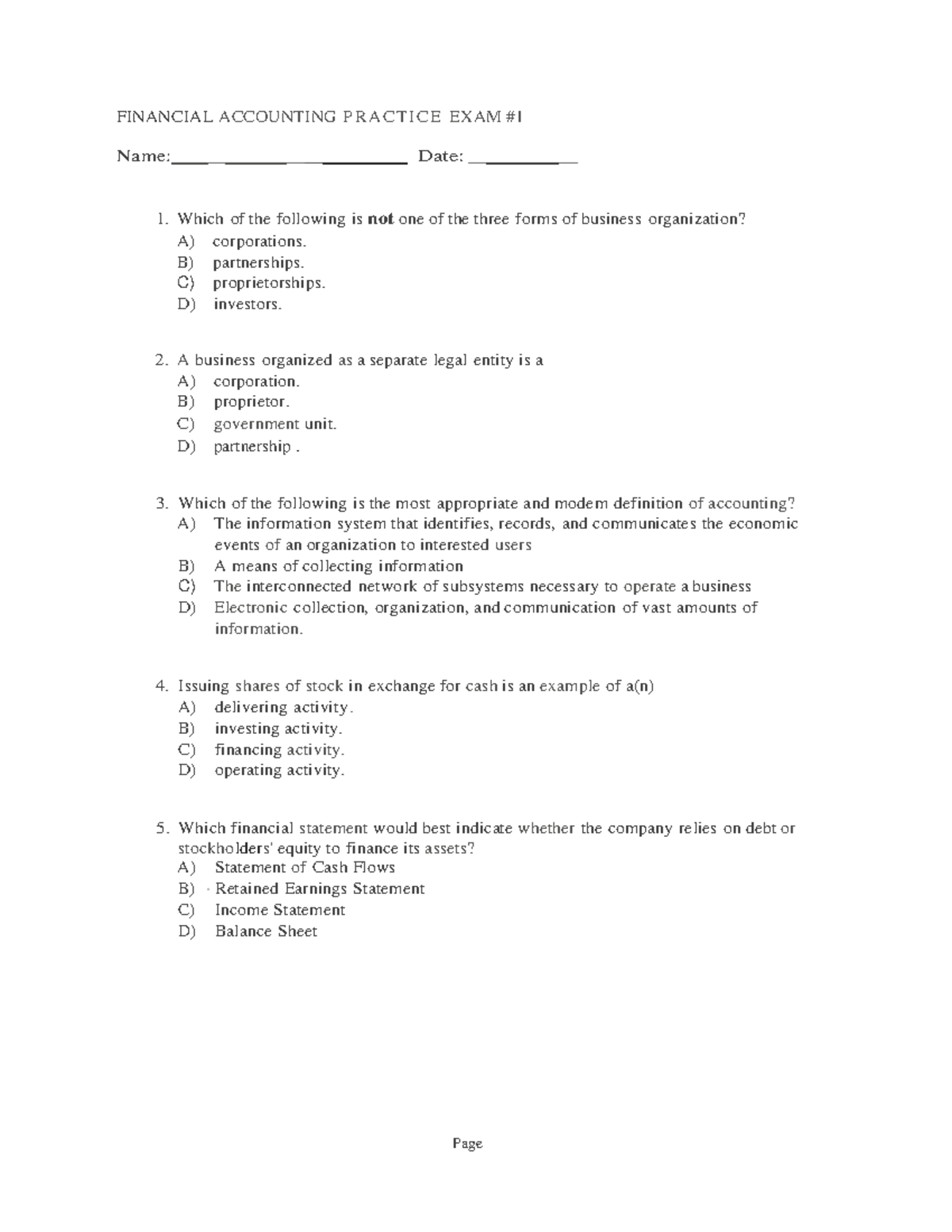 ACCT Practice Exam #1 Ch. 1-3 - FINANCIAL ACCOUNTING P R A C T I C E ...