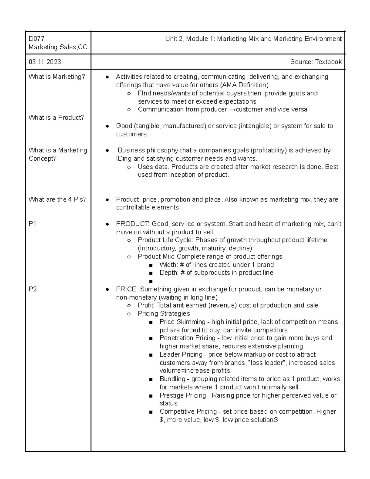 Notes - D077 Concepts In Marketing, Sales, And Customer Contact - D ...