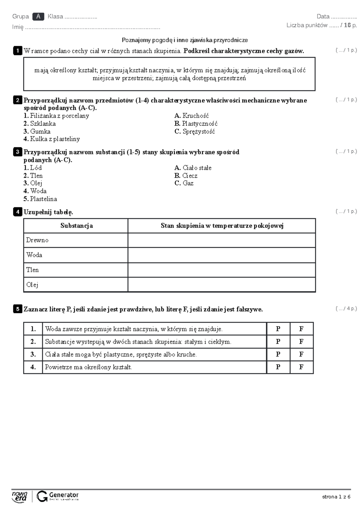 Poznajemy Zjawiska Fizyczne Sprawdzian Klasa 6 Test www.studocu.com