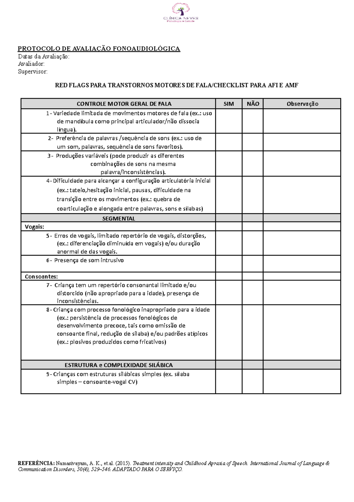 Red Flags para transtornos motores de fala - Checklist para Afi e Amf ...