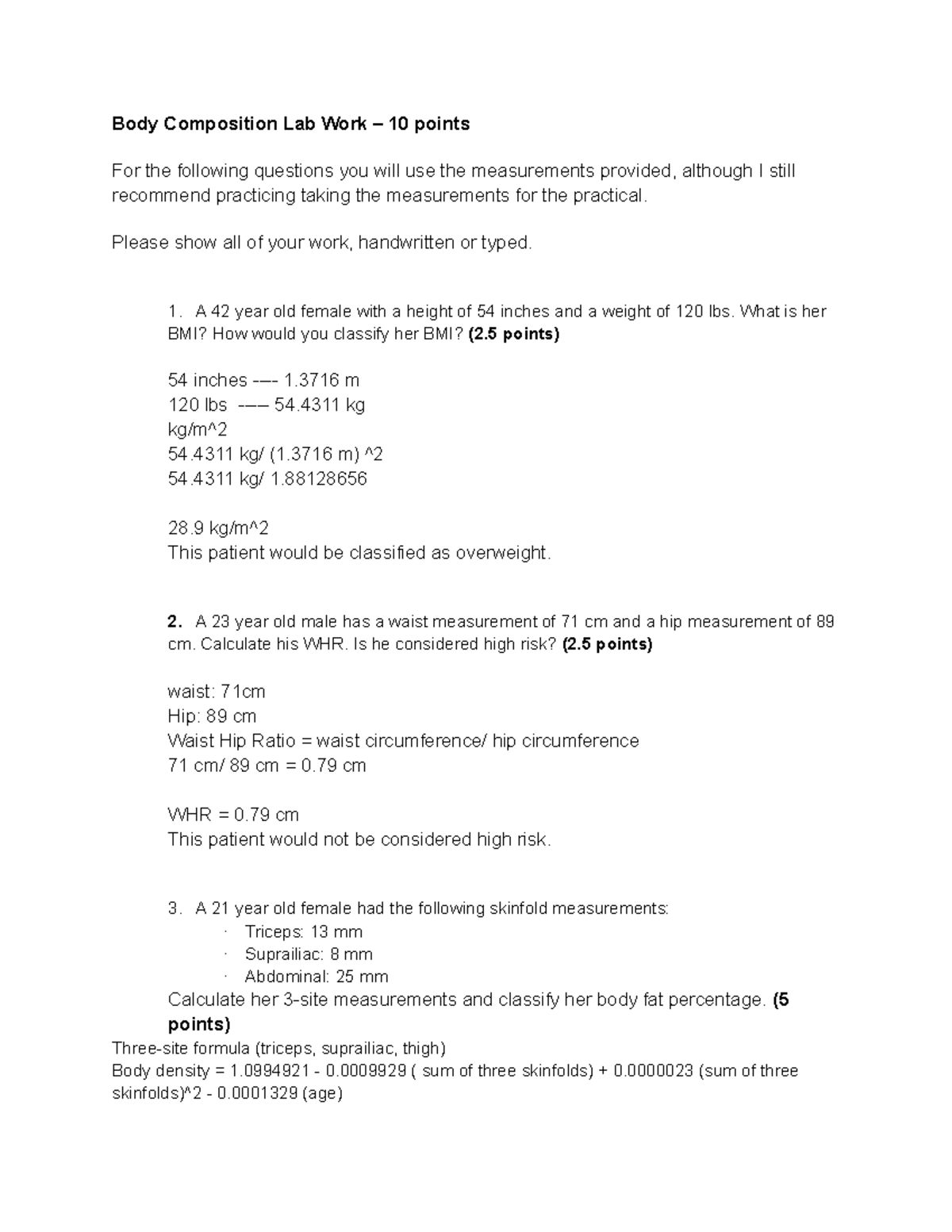 Body comp lab work lab work body composition lab work 10 points 