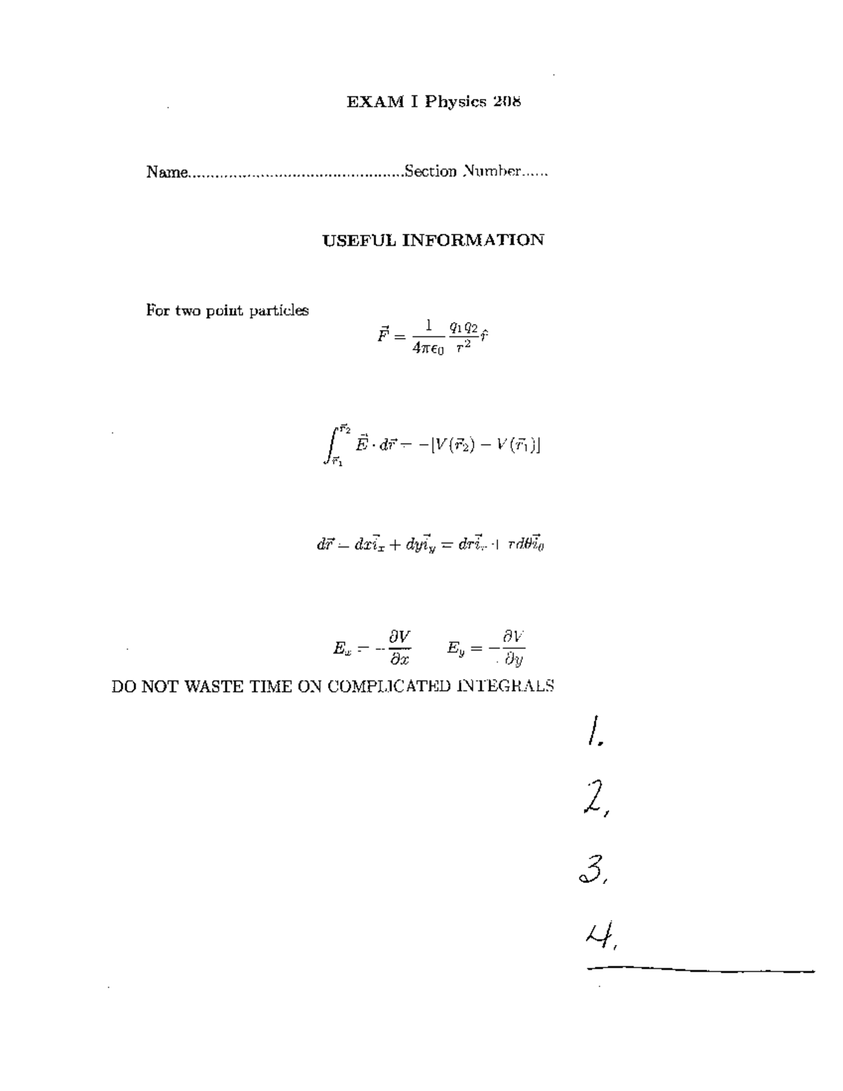 Exam 1 2007 - Past exam given for phys 208 in 2007. - PHYS 208 - Studocu