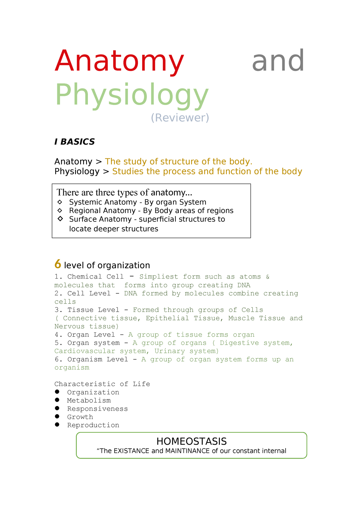 Anatomy and Physiology reviewer - Anatomy and Physiology (Reviewer) I ...