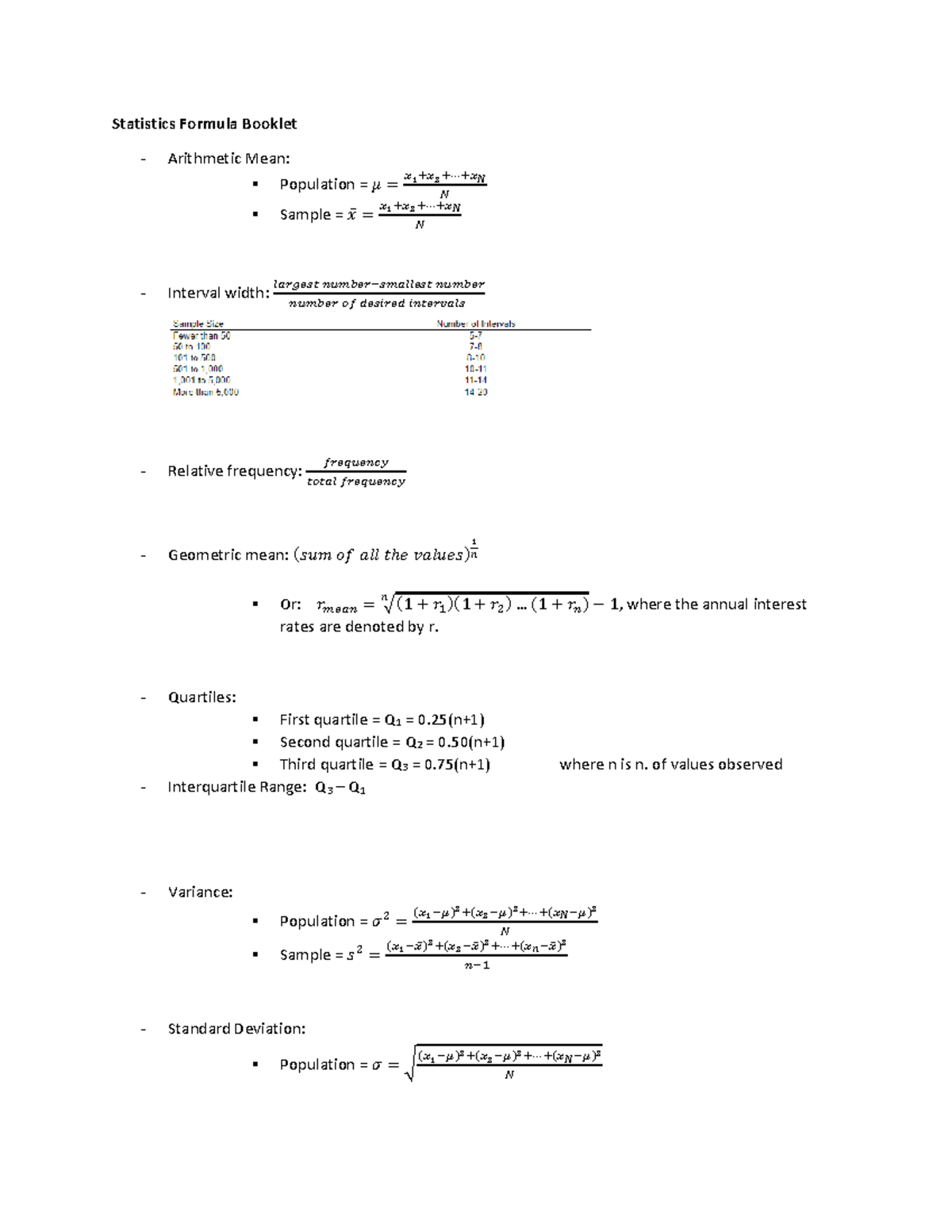 Formula booklet statistics - Statistics Formula Booklet Arithmetic Mean ...