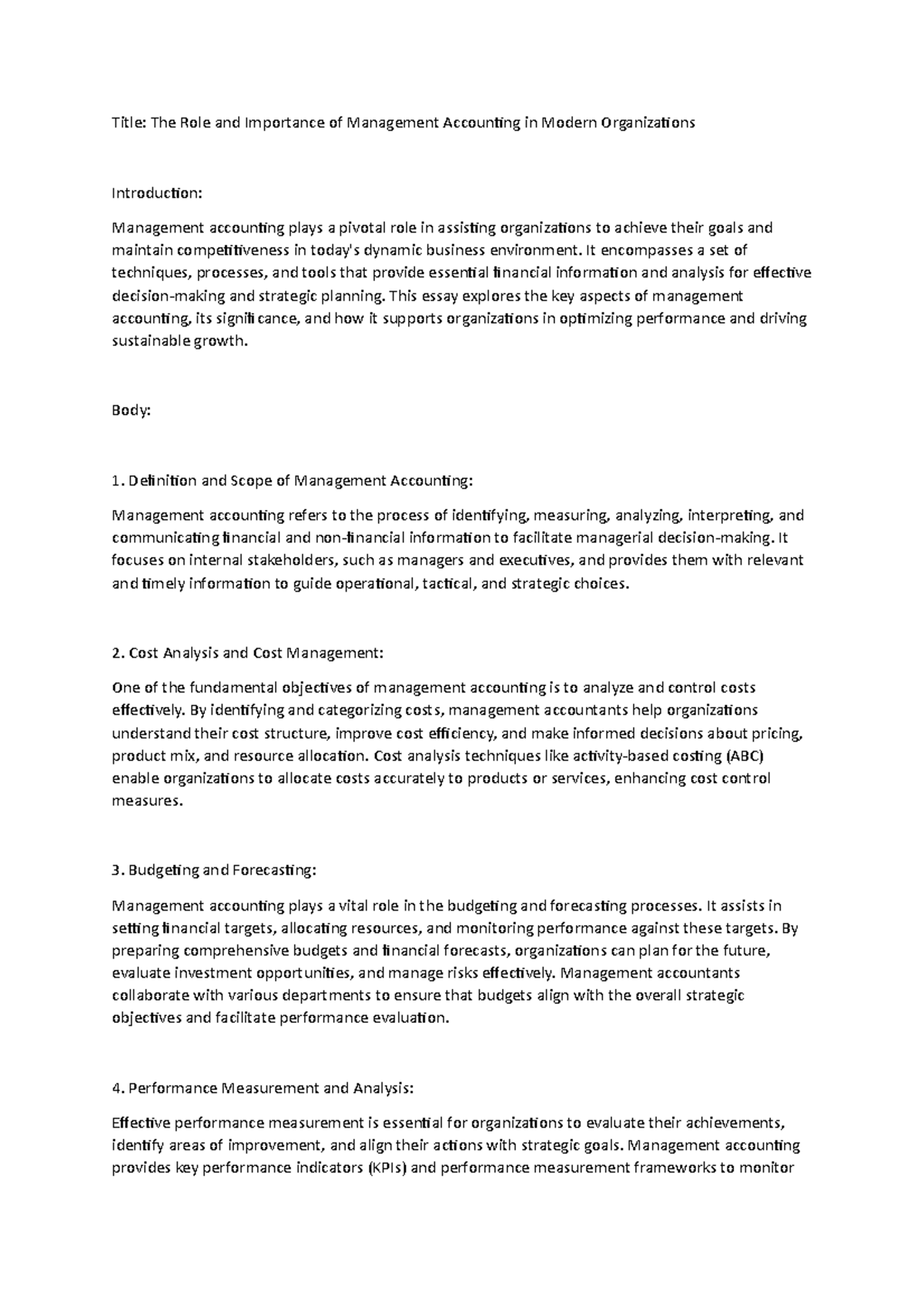 Management Accounting Importance - Title: The Role and Importance of ...