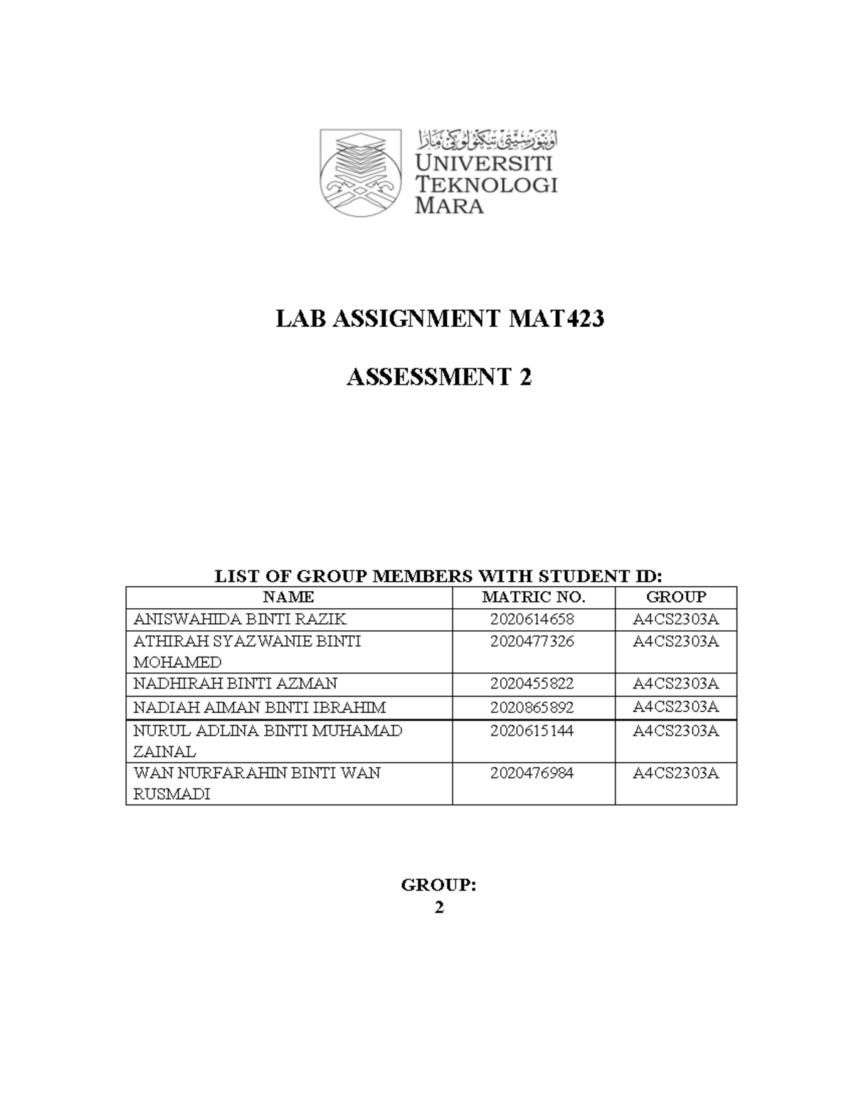 Mat423 assessment 2 LAB ASSIGNMENT MAT ASSESSMENT 2 LIST OF GROUP