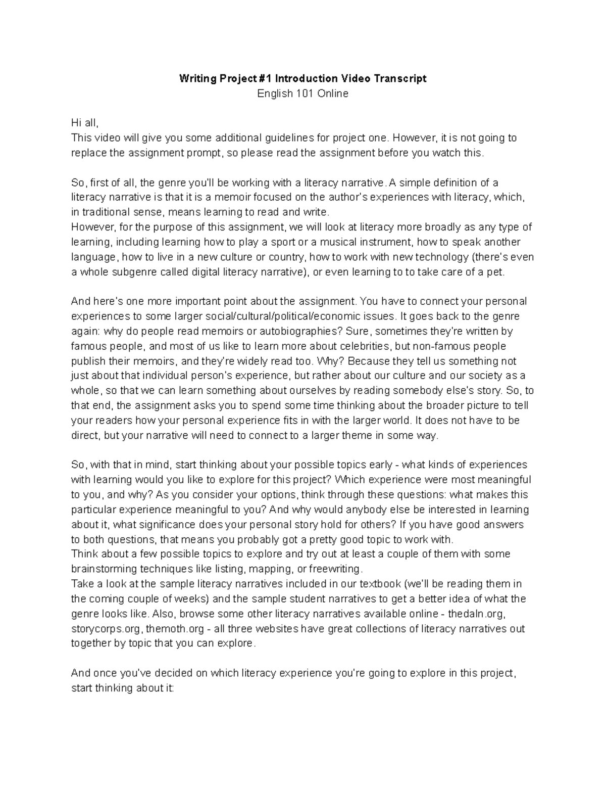 Writing Project #1 Introduction (101MC) - Writing Project #1 ...