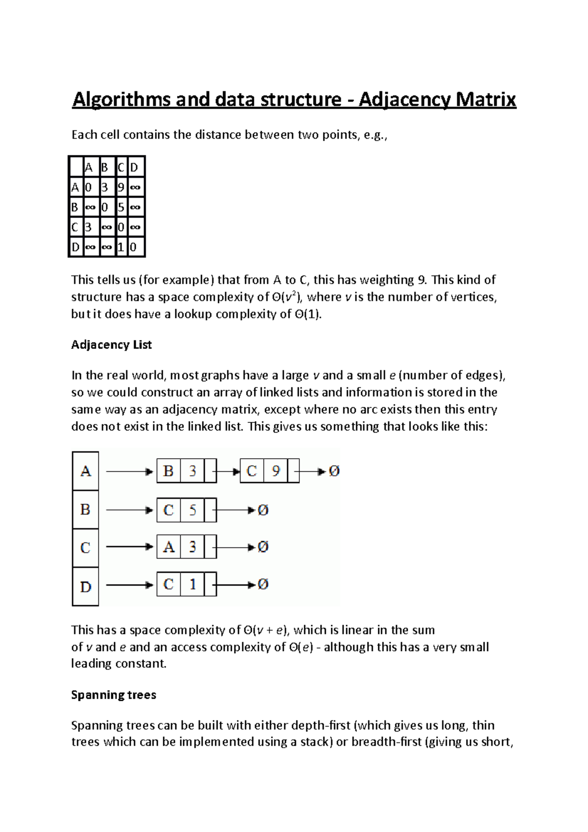 Algorithms And Data Structure - Adjacency Matrix - , A B C D A 0 3 9 ∞ ...