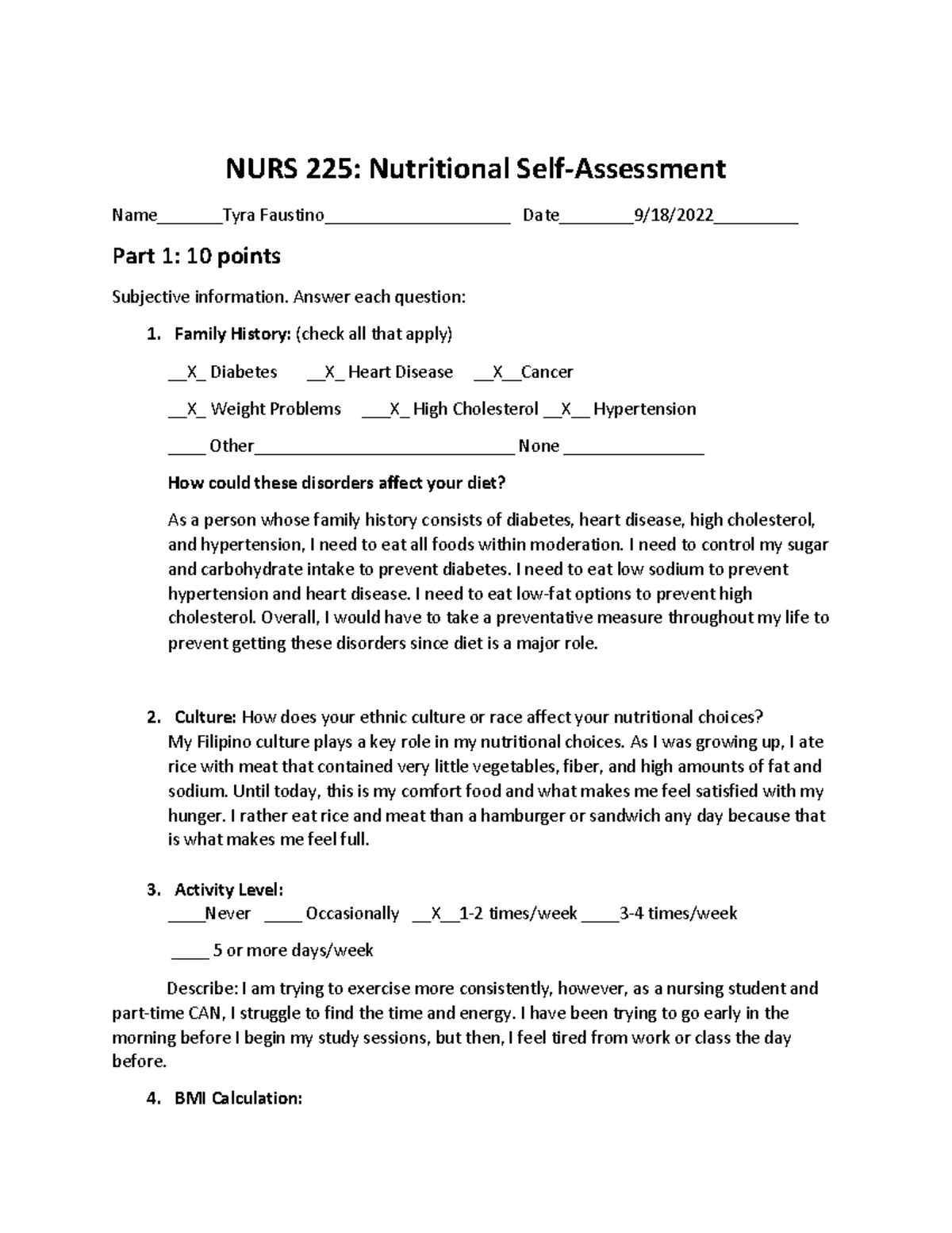 NURS 225 - Nutrition Assessment - NURS 225: Nutritional Self-Assessment ...