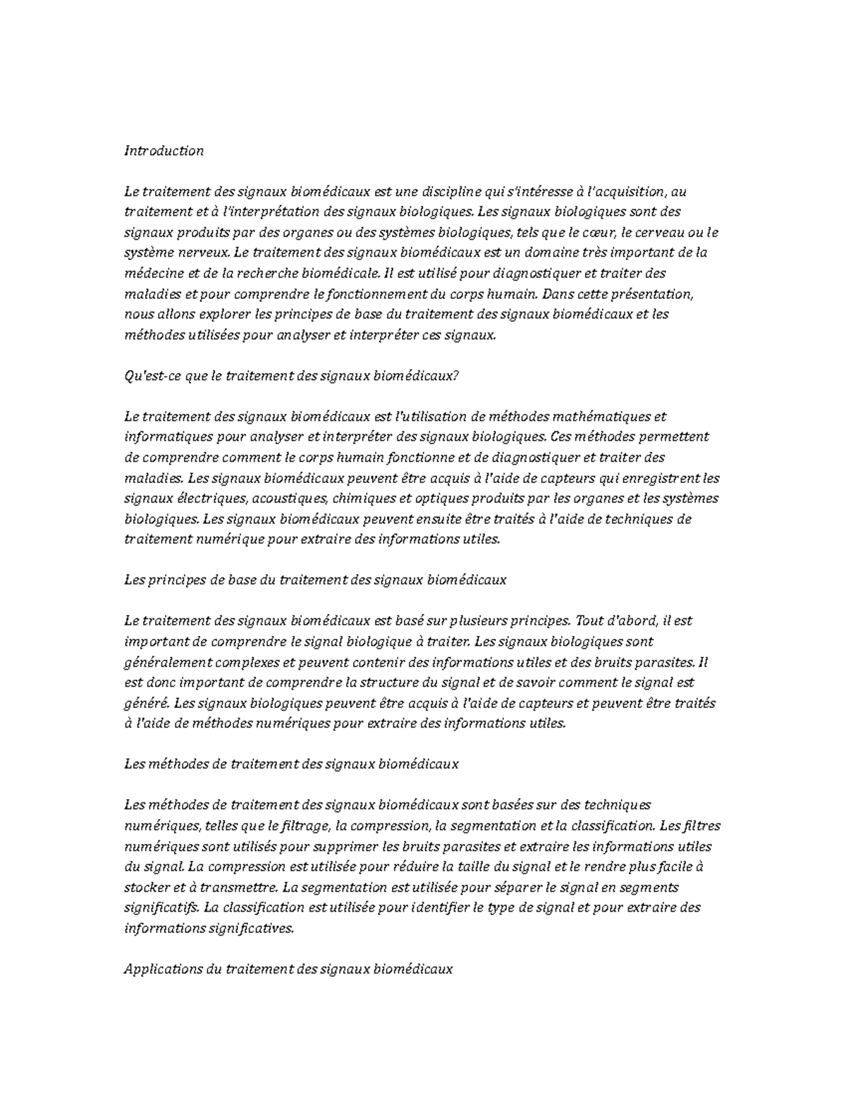 Biomedical Signal Processing Study Notes Introduction Le traitement des signaux biomédicaux