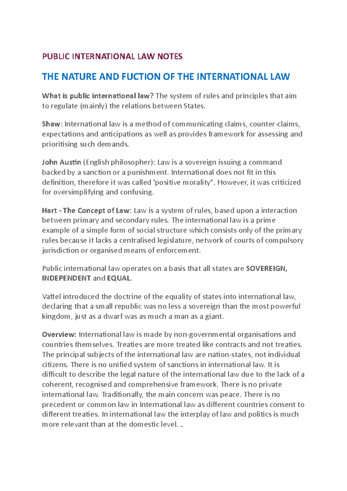 Public International LAW Notes lecture 1 - PUBLIC INTERNATIONAL LAW ...