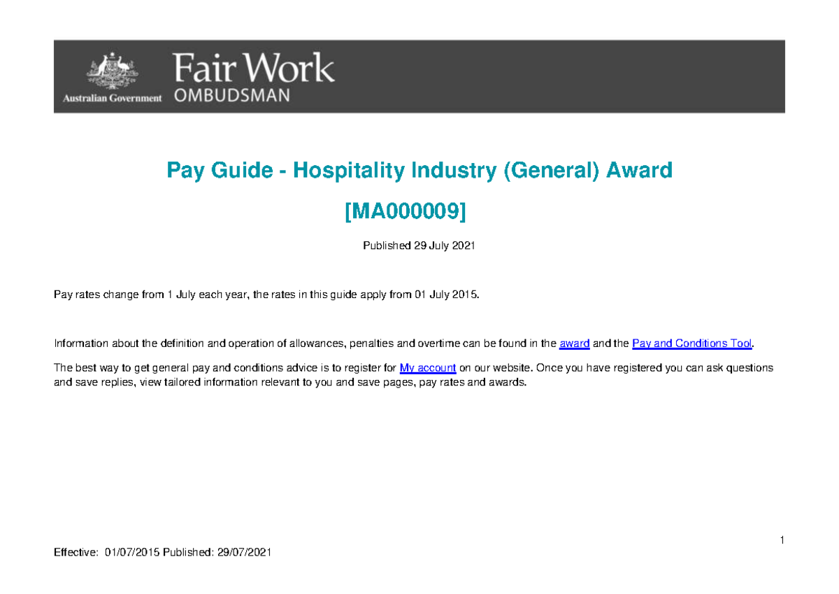 Hospitality Pay Rates 2021 1 Pay Guide Hospitality Industry (General) Award [MA000009
