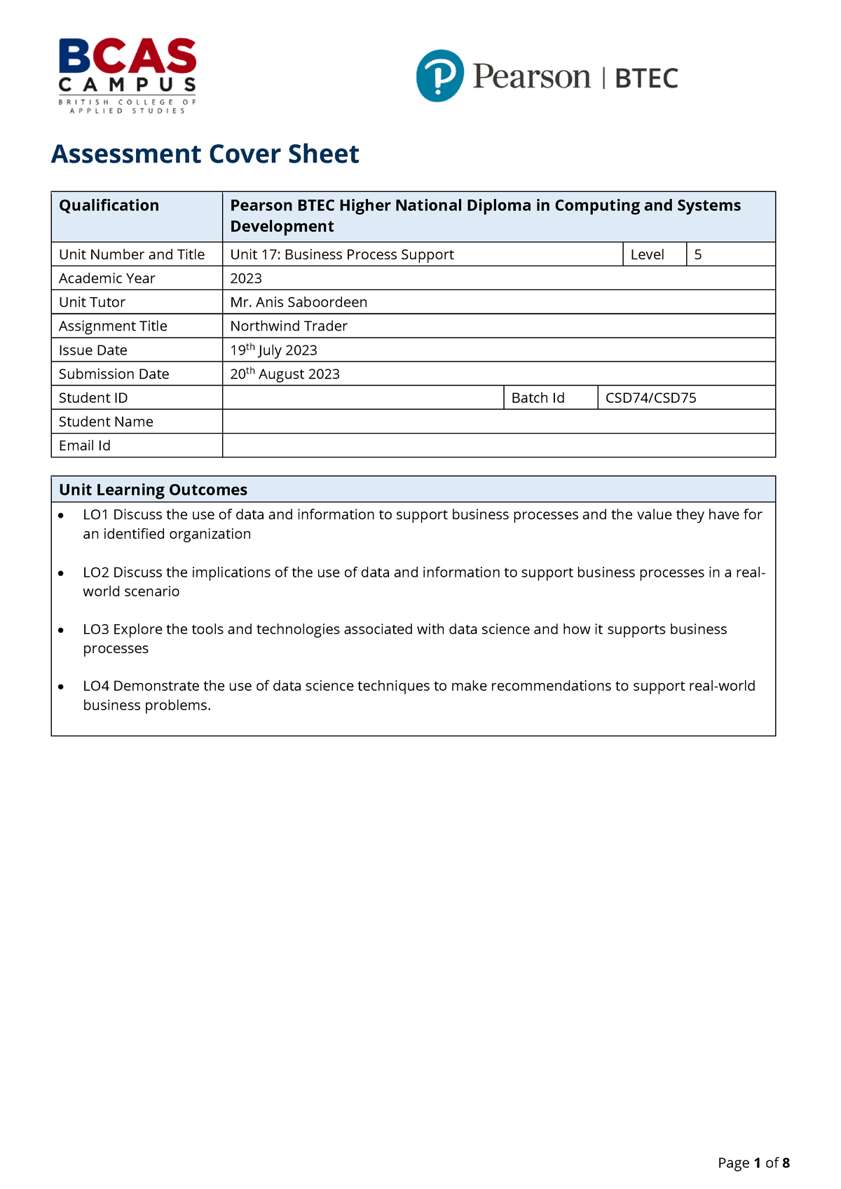 Unit 17-BPS Assignment Brief-2023 - Assessment Cover Sheet ...