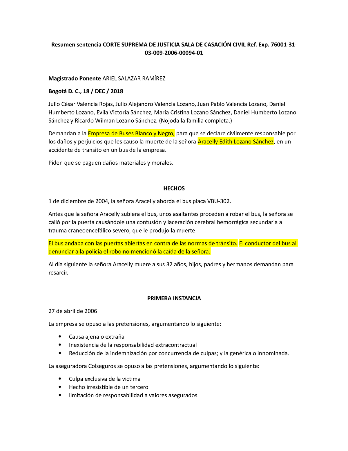 Resumen Sentencia Corte Suprema DE Justicia SALA DE Casación Civil Ref ...