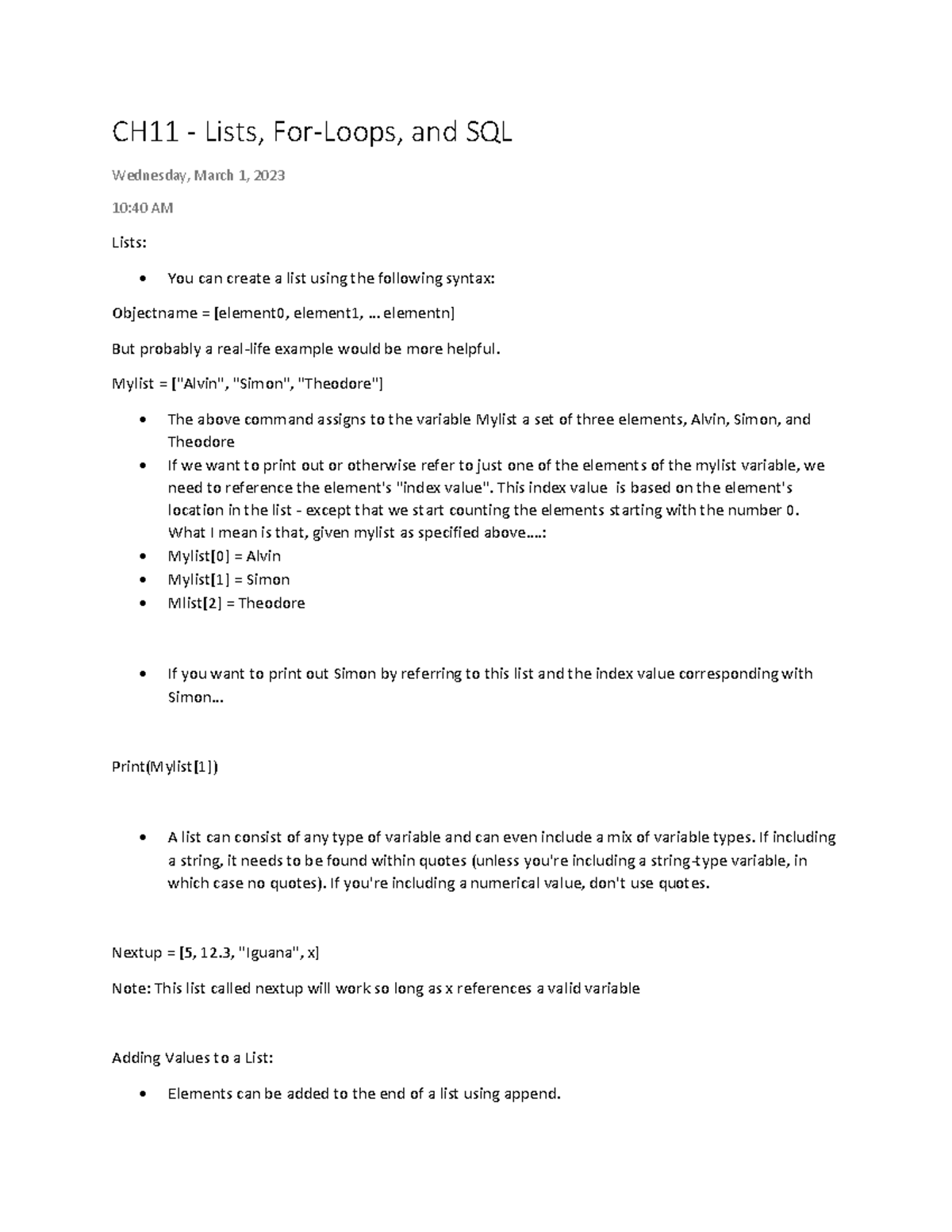 CH 11 - Lists, For-Loops, and SQL - CH11 - Lists, For-Loops, and SQL ...